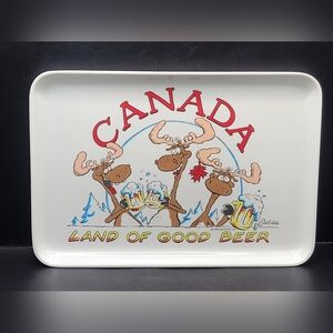 Vintage Canada Land of Good Beer Serving Tray Far-Sketched Moose Cartoon 10.5”